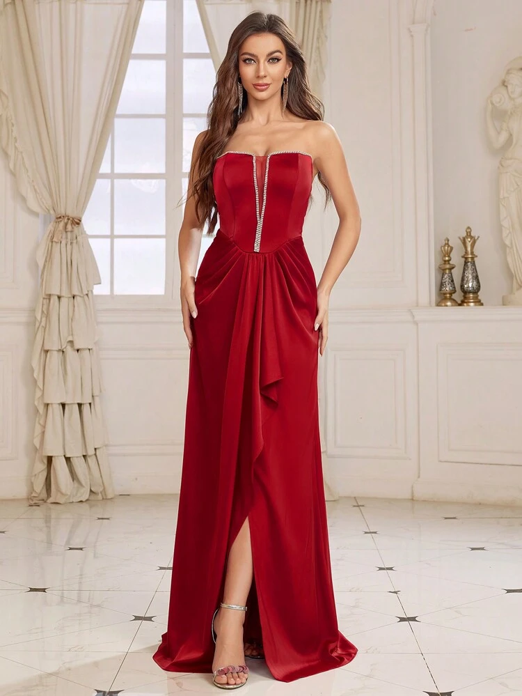 Beading & Rhinestone Decor Ruffle Hem High Slit Strapless Evening Party Dress