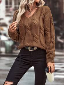 SHEIN LUNE 女款落肩扭紋針織毛衣 - 咖啡棕 - 查看 3