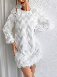 SHEIN Privé Của phụ nữ Viền tua Tay áo dài Đầm - trắng - Xem 5