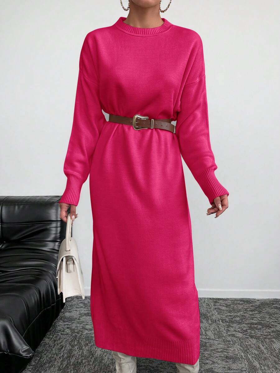 EURMUSE Vestido De Suéter De Cuello Redondo Y Hombros Caídos Sin Cinturón - Rosa Fucsia - Ver 1