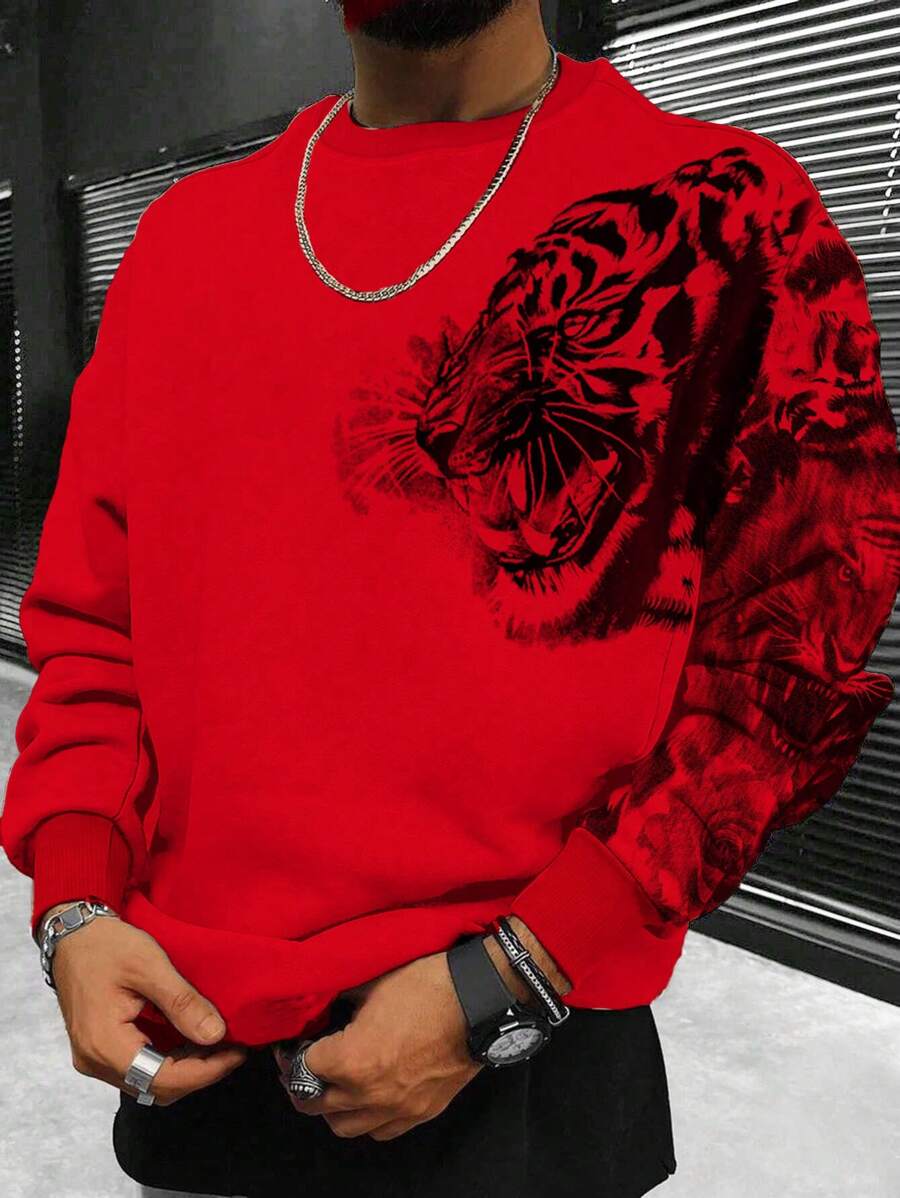 Manfinity LEGND Loose Fit Men's Tiger Print Sweatshirt, Red Sweatshirt, Red Streetwear, Tiger Graphic Sweatshirt - Red - View 1