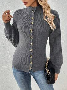 SHEIN LUNE Stand Collar Button Front Cardigan - Dark Grey - View 1