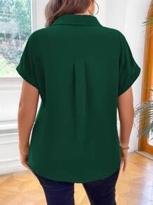 Vionelle Plus Size Solid Color Short Sleeve Shirt, Casual Style - Dark Green - View 2