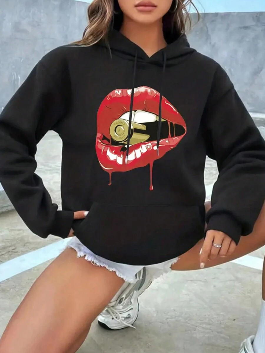 SHEIN EZwear Women's Mouth Print Drawstring Hooded Fleece Sweatshirt - Black - View 1