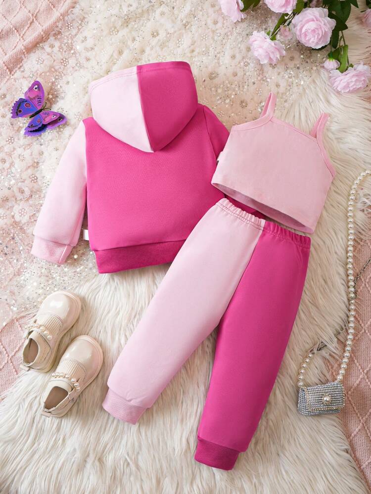 Baby Girls' Two-tone Zip-up Hoodie And Pants Set, Along With Letter Printed Tank Top