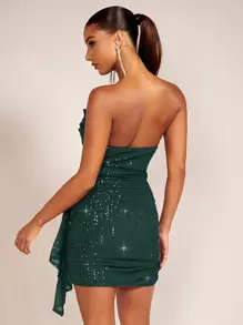 SHEIN BAE 女用蕾絲亮片細節百褶無肩帶連身裙 - 墨綠色 - 查看 2