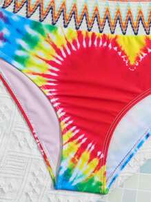 Conjunto de bikini con estampado de corazón tie-dye para niña preadolescente, verano playa - Multicolor - Ver 5