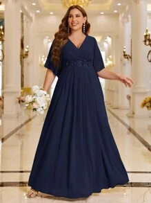 SHEIN Belle Vestido de dama de honor de talla grande con cuello en V bordado de unicolor con cintura, elegante vestido formal para fiesta de noche, boda, graduación, cena o fiesta