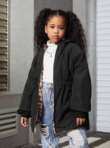 SHEIN Tween Girls Leopard Print Jacket With Hooded - Black - View 3