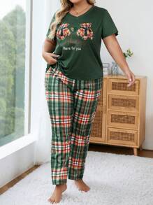 Plus Size Women's Cartoon Bear T-shirt And Plaid Long Pants Pajama Set - Green - View 4