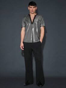 GENTILAND Men's Loose Fit Notch Collar Short Sleeve Shirt - Black - View 3