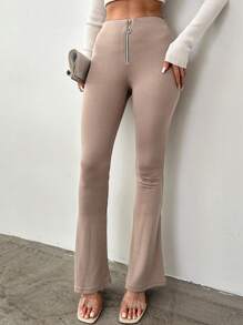 Zip Fly Flare Leg Pants - Khaki - View 3
