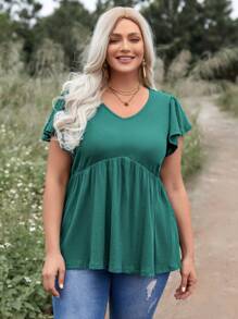 SHEIN LUNE Plus Size V-neck Ruffle Trimmed T-shirt - Green - View 6