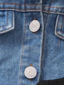 SHEIN 少女翻領細節鈕扣丹寧外套,不整齊的下擺和實心肋條肩帶裙子套裝 - 黑色 - 查看 8