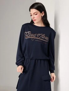 Mulvari 女士長袖字母印花連帽衫 - 藏蓝色 - 查看 6