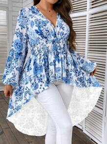 SHEIN Clasi 大碼印花燈籠袖高低下擺襯衫 - 藍白色 - 查看 6