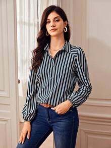 SHEIN Frenchy 女用條紋長袖襯衫 - 藏蓝色 - 查看 2