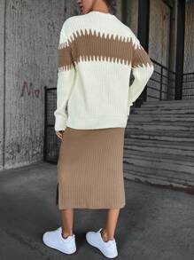 EURMUSE color block spalle cadenti Maglione & orlo a fessura Gonna in maglia - Cammello - Visualizzare 2