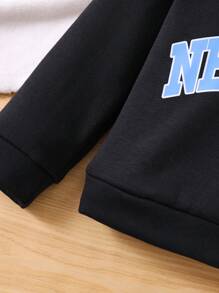 SHEIN 女孩專屬拱形字母撞色立領街頭風休閒運動連帽衫 - 黑色 - 查看 3