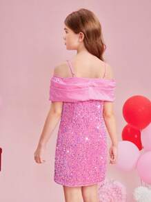 SHEIN Girls' Beaded Spaghetti Strap Elegant Dress, Sibling Outfits Matching Outfits (2 Pieces Are Sold Separately) - Pink - View 8