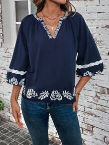 SHEIN LUNE Flower Embroidery Notch Collar Lantern Sleeve Blouse