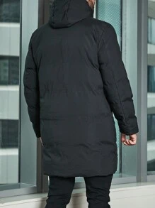 Men Slant Pocket Drawstring Hooded Padded Coat - Black - View 2