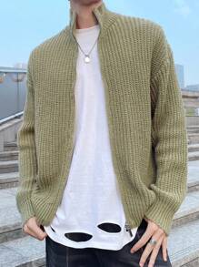 Manfinity Hypemode Nam Màu thuần Dây kéo bay Thả vai Áo len Mở Áo len - xanh quân đội - Xem 3