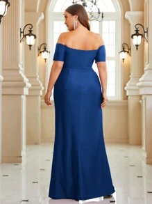 SHEIN Belle Vestido De Talla Grande Para Mujeres Con Hombros Descubiertos Y Pliegues, Y Abertura En El Dobladillo - Azul Marino - Ver 2