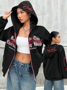 SHEIN Coolane 女士前開拉鍊字母連帽衫 - 黑色 - 查看 1