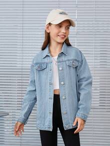SHEIN 補間女孩休閒牛仔夾克 - 淺藍色 - 查看 3