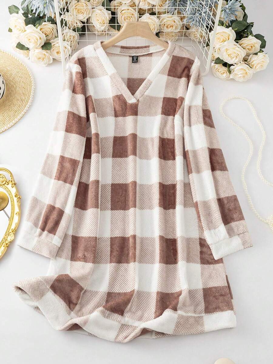 SHEIN LUNE Kích thước lớn Lưới Mô hình Áo Tay dài Áo chui đầu Cổ chữ V Đầm - Nhiều màu - Xem 1