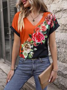 SHEIN LUNE Floral Pattern V-neck Batwing Sleeve Blouse - Orange - View 1