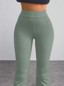 High Waisted Flare Leg Pants - Mint Green - View 3