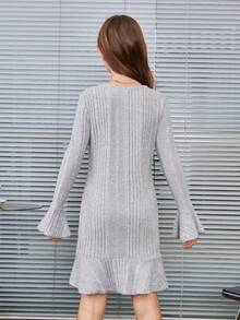 SHEIN Tween Girl Knit Solid Color Round Neck Ruffle Trim Casual Dress - Grey - View 2