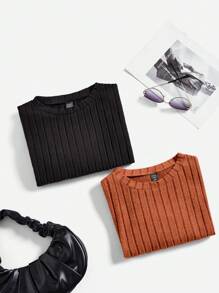 SHEIN Essnce 大碼女裝2入組彈力貼身長袖連體衣 - 鏽棕色 - 查看 3