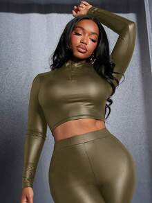 Slaydiva 女士立领短款PU长袖T恤 - 軍綠色 - 查看 5