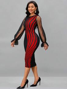 SHEIN Lady Women's Mesh Ruffle Sleeve Striped Bodycon Dress - Red - View 6