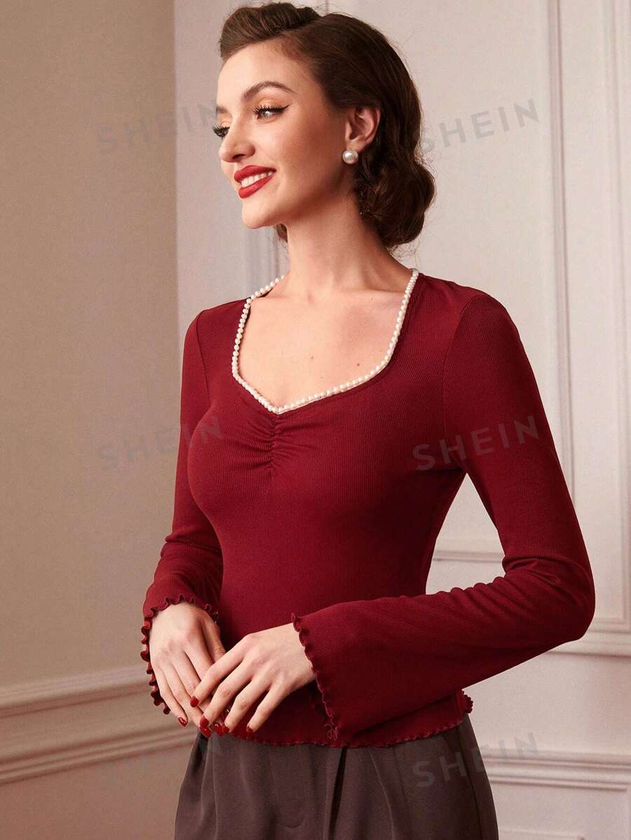 SHEIN DECDS Vintage Elegant Women's Christmas Red Tshirt With Pearl