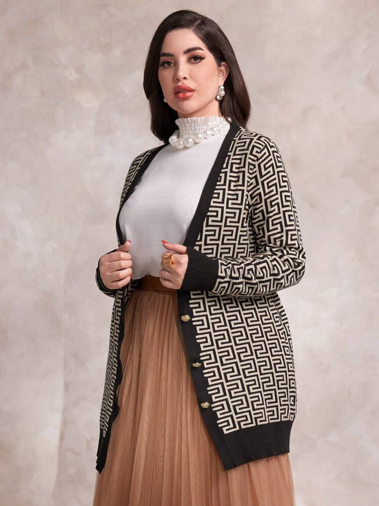 Geometric Pattern Belted Button Front Cardigan
