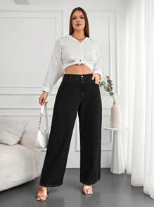 EURMUSE Plus Size  Solid Color Straight Leg Jeans - Black - View 4