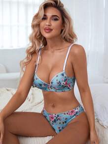 Conjunto De Lencería Con Braguita Y Braguita Con Aros Y Estampado Floral - Azul - Ver 6