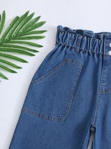 SHEIN 青少年女孩休闲波西米亚风日常中号水洗平底裤腰平口袋卷边妈妈牛仔裤 - 中等水洗藍 - 查看 3