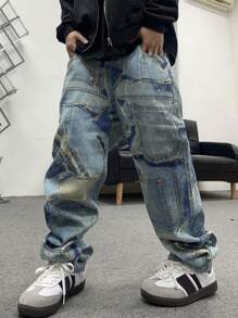 Manfinity EMRG Nam Phong Cách Lỏng Lẻo Quần Jean Oversize Dài Axit Rửa Vận Động Viên Trượt Băng Jean Hàng Hóa Đồ Họa Trơn Màu Xanh Đậm Dự Tiệc Dạo Phố Rapper - Nhiều màu - Xem 7