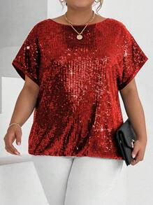 SHEIN BAE Kích thước lớn Của phụ nữ tay cánh Áo thun - Đỏ - Xem 3