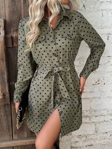 SHEIN Frenchy Của phụ nữ Hình vết tròng Polka Đúng mốt Cổ áo sơ mi Váy có thắt lưng Với Túi đôi Đồ trang trí - Nhiều màu - Xem 3