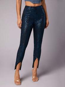 SHEIN BAE Tight Fit Fållen Slits Byxor - Svart - Visa 1