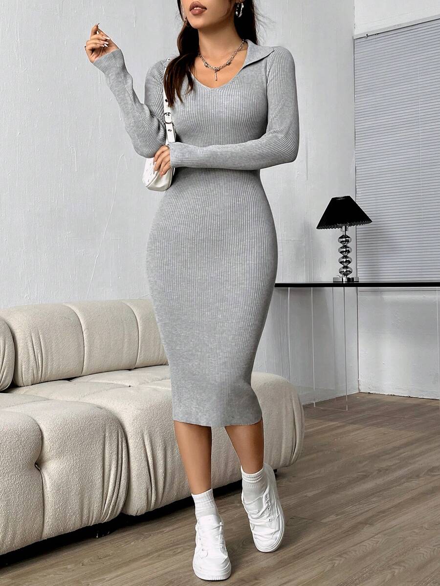 SHEIN Unity Của phụ nữ Collared Tay áo dài Đầm Áo len - Xám - Xem 1