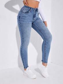 SHEIN Privé Slant Pocket Skinny Jeans - Light Wash - View 5