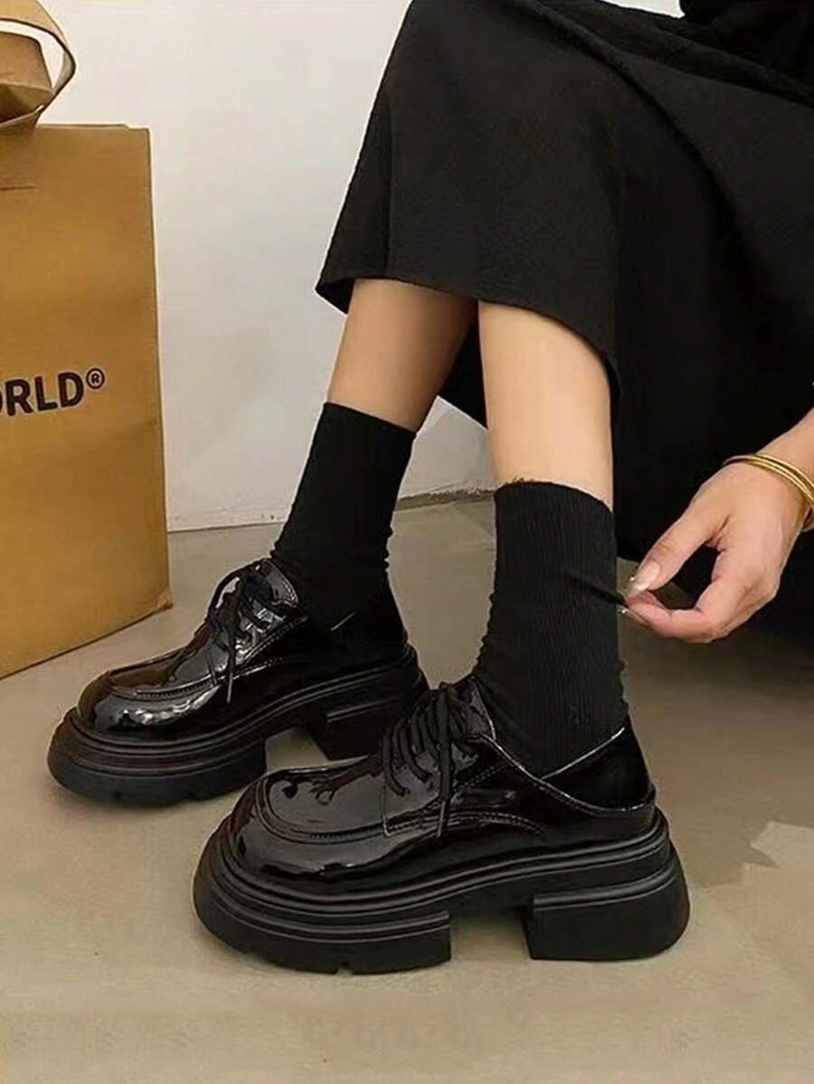 瑪莉珍女鞋秋季新款厚底英倫風小皮鞋時尚潮流繫帶平跟樂福鞋女厚底單鞋 - 黑色 - 查看 1