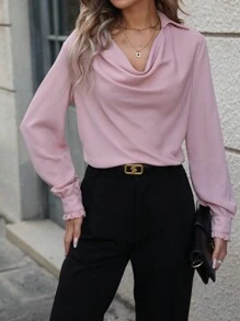 SHEIN LUNE Women's Draped Design Collared Shirt Fall Cloth For Women - Pink - View 4